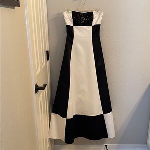 Strapless Black and White Panel Prom Gown with Studded Bodice